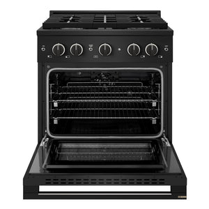 ZLINE 30 in. 4.2 cu. ft. Marino Dual Fuel Range with Gas Cooktop and Electric Convection Oven in Black Stainless Steel with 4 Brass Burners (MDRB-BR-30) front, oven open.
