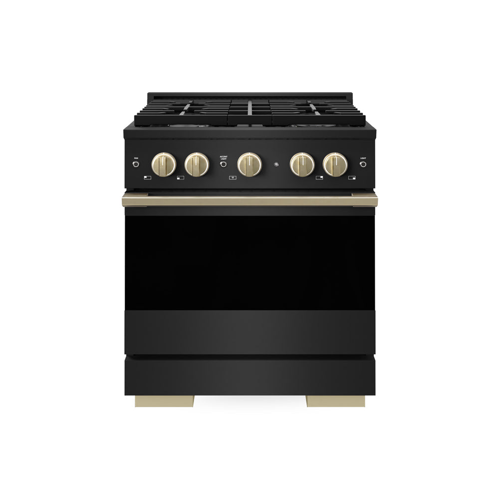 ZLINE Autograph Edition 30 in. 4.2 cu. ft. Marino Dual Fuel Range with 4 Burner Gas Cooktop and Electric Convection Oven in Black Stainless Steel with Champagne Bronze Accents (MDRBZ-30-CB)