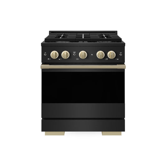 ZLINE Autograph Edition 30 in. 4.2 cu. ft. Marino Dual Fuel Range with 4 Burner Gas Cooktop and Electric Convection Oven in Black Stainless Steel with Champagne Bronze Accents (MDRBZ-30-CB) main image.
