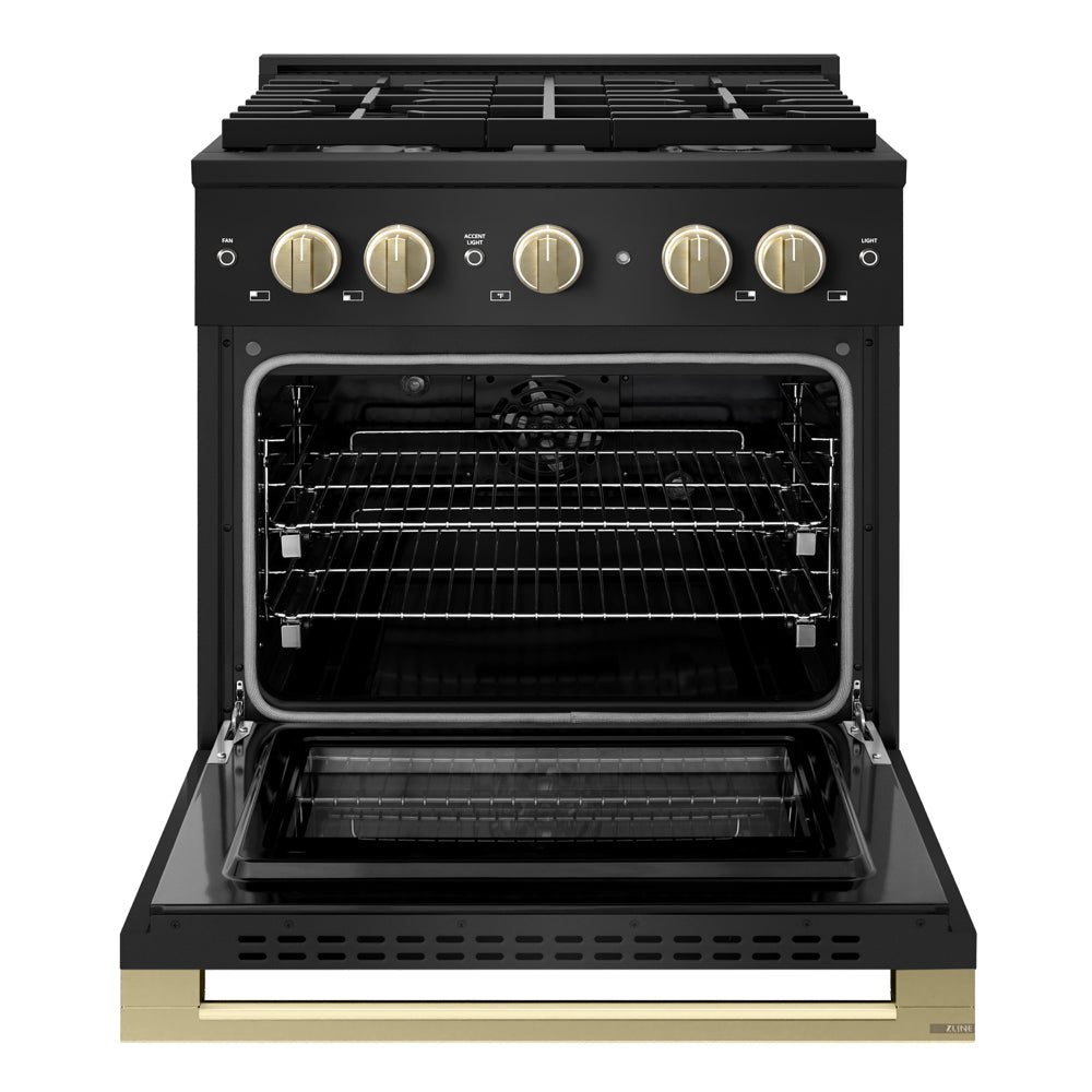 ZLINE Autograph Edition 30 in. 4.2 cu. ft. Marino Dual Fuel Range with 4 Burner Gas Cooktop and Electric Convection Oven in Black Stainless Steel with Champagne Bronze Accents (MDRBZ-30-CB)