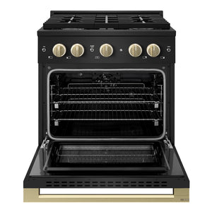 ZLINE Autograph Edition 30 in. 4.2 cu. ft. Marino Dual Fuel Range with 4 Burner Gas Cooktop and Electric Convection Oven in Black Stainless Steel with Champagne Bronze Accents (MDRBZ-30-CB)
