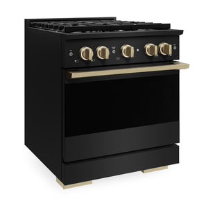 ZLINE Autograph Edition 30 in. 4.2 cu. ft. Marino Dual Fuel Range with 4 Burner Gas Cooktop and Electric Convection Oven in Black Stainless Steel with Champagne Bronze Accents (MDRBZ-30-CB)
