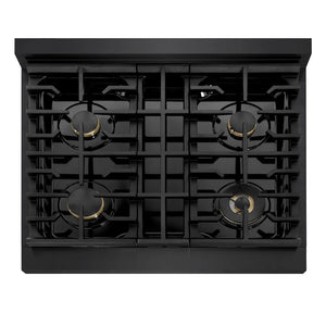 ZLINE Autograph Edition 30 in. 4.2 cu. ft. Marino Dual Fuel Range with 4 Burner Gas Cooktop and Electric Convection Oven in Black Stainless Steel with Champagne Bronze Accents (MDRBZ-30-CB) top-down, above cooking surface.