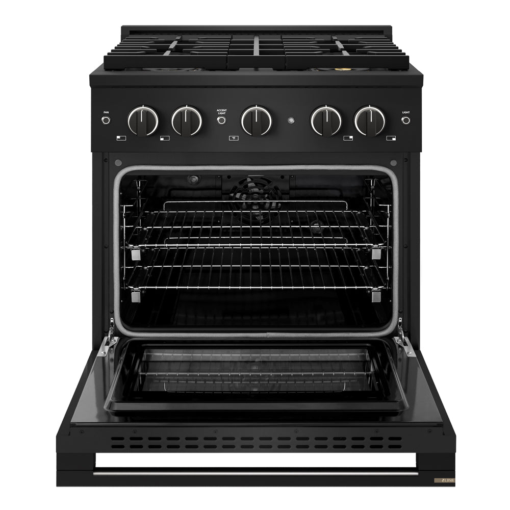 ZLINE 30 in. 4.2 cu. ft. Marino Dual Fuel Range with 4 Burner DuoPro™ Cooktop and Electric Convection Oven in Black Stainless Steel (PMDRB-30)