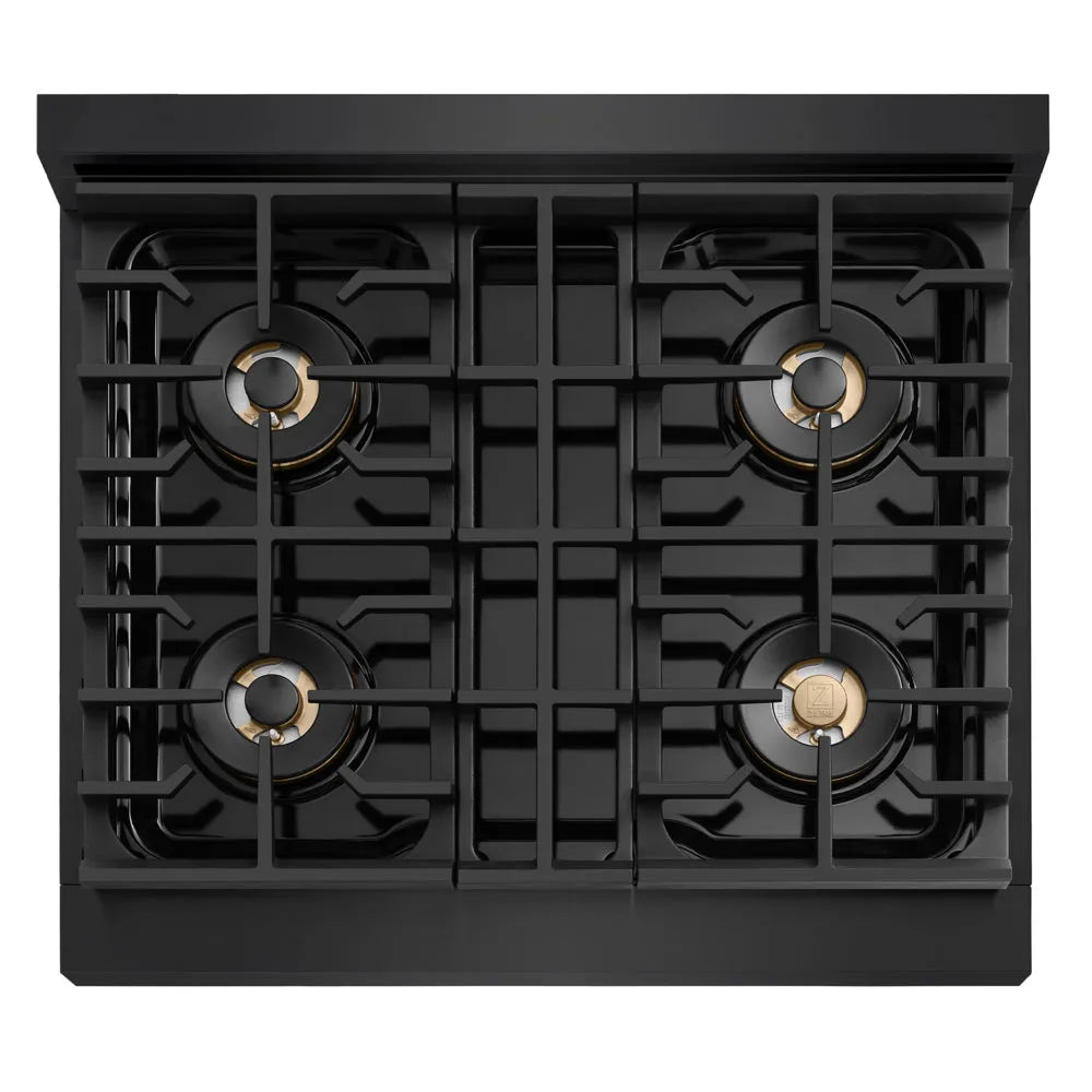 ZLINE 30 in. 4.2 cu. ft. Marino Dual Fuel Range with 4 Burner DuoPro™ Cooktop and Electric Convection Oven in Black Stainless Steel (PMDRB-30) top-down, above cooking surface.
