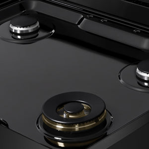 ZLINE 30 in. 4.2 cu. ft. Marino Gas Range with 4 Burner Cooktop and Convection Gas Oven in Black Stainless Steel (MGRB-30) close-up, black porcelain cooktop without grates.