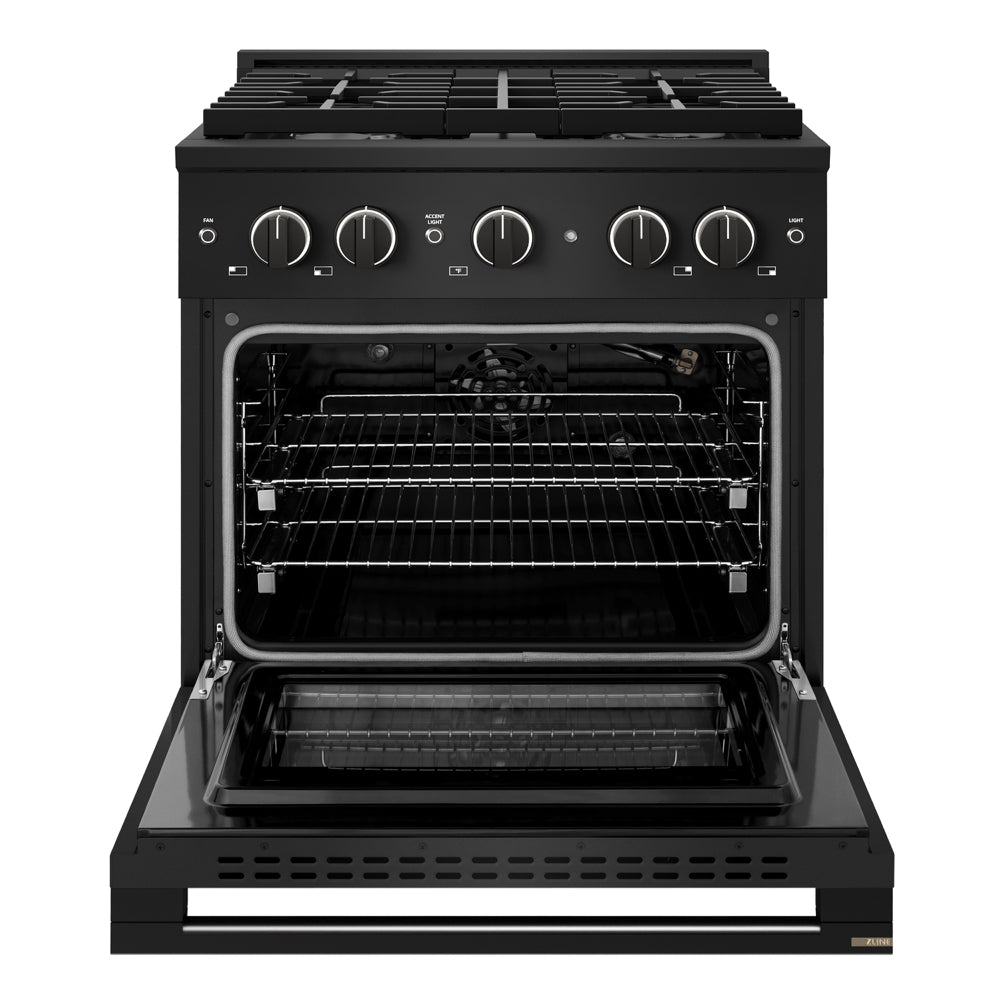ZLINE 30 in. 4.2 cu. ft. Marino Gas Range with 4 Burner Cooktop and Convection Gas Oven in Black Stainless Steel (MGRB-30) front, oven open.