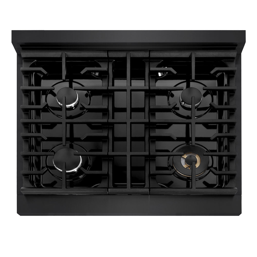ZLINE 30 in. 4.2 cu. ft. Marino Gas Range with 4 Burner Cooktop and Convection Gas Oven in Black Stainless Steel (MGRB-30) top-down, above cooking surface.