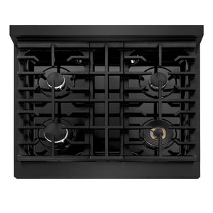 ZLINE 30 in. 4.2 cu. ft. Marino Gas Range with 4 Burner Cooktop and Convection Gas Oven in Black Stainless Steel (MGRB-30) top-down, above cooking surface.