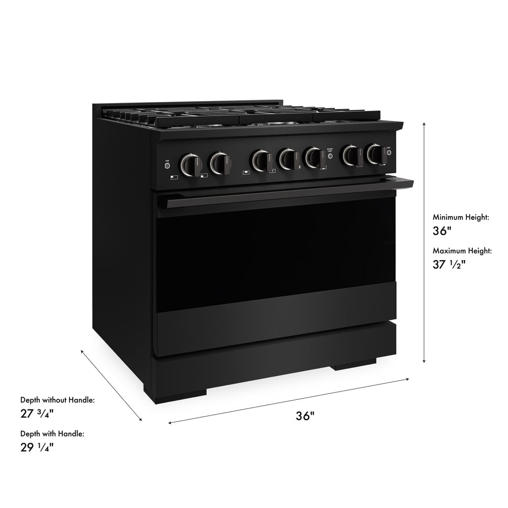 ZLINE 36 in. 5.2 cu. ft. Marino Gas Range with 6 Burner Cooktop and Convection Gas Oven in Black Stainless Steel (MGRB-36) with dimensions labeled.