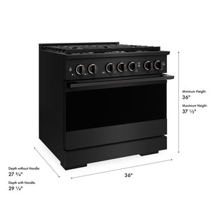 ZLINE 36 in. 5.2 cu. ft. Marino Gas Range with 6 Burner Cooktop and Convection Gas Oven in Black Stainless Steel (MGRB-36) with dimensions labeled.