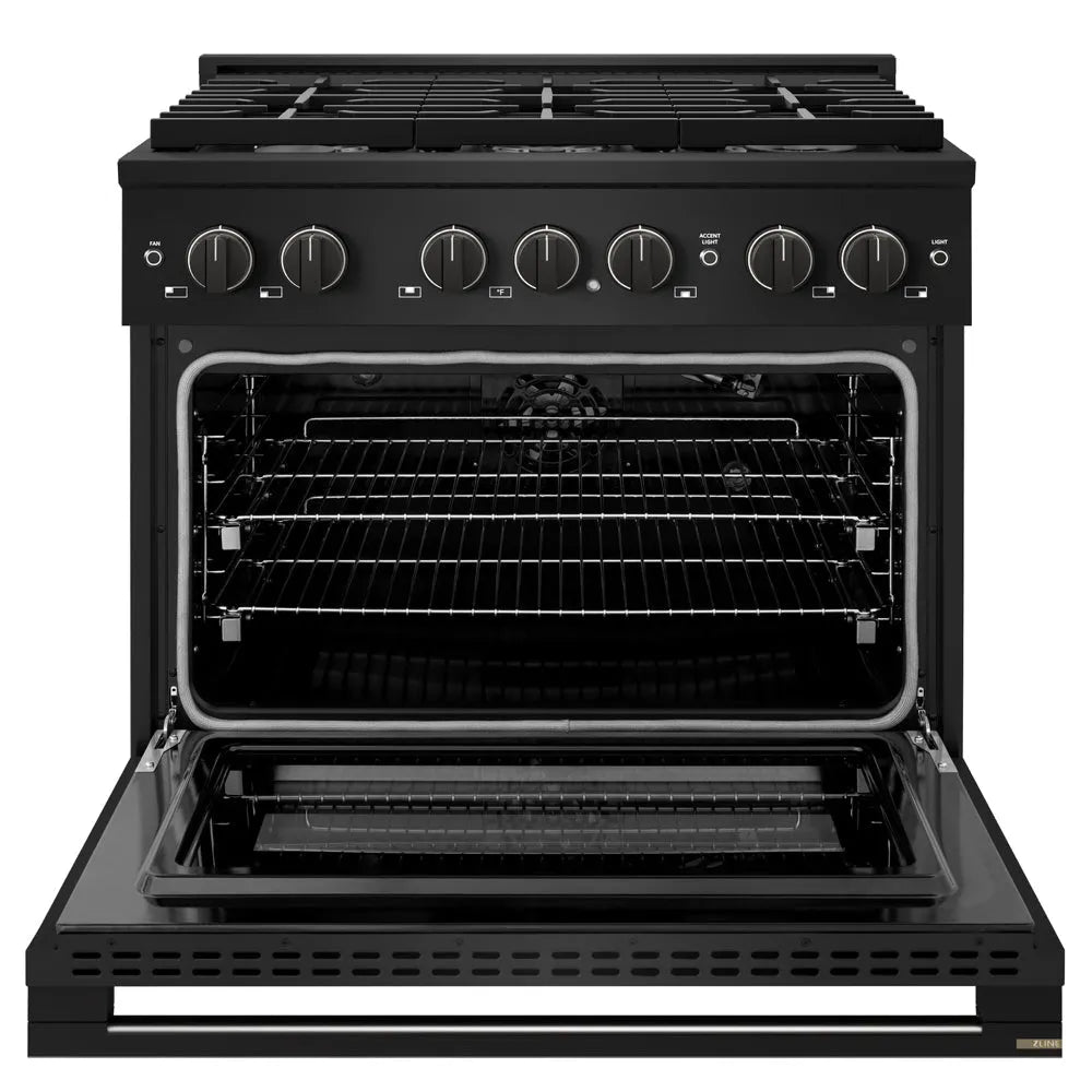 ZLINE 36 in. 5.2 cu. ft. Marino Gas Range with 6 Burner Cooktop and Convection Gas Oven in Black Stainless Steel (MGRB-36) front, oven open.