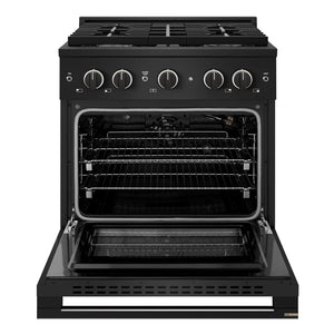ZLINE 30 in. 4.2 cu. ft. Marino Gas Range with Convection Gas Oven in Black Stainless Steel with 4 Brass Burners (MGRB-BR-30) front, oven open.