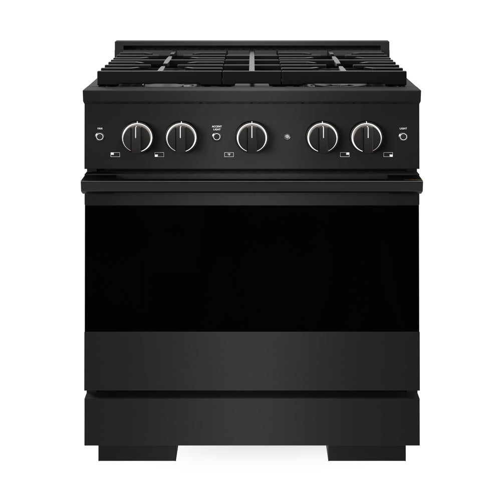ZLINE 30 in. 4.2 cu. ft. Marino Gas Range with Convection Gas Oven in Black Stainless Steel with 4 Brass Burners (MGRB-BR-30) front, oven closed.