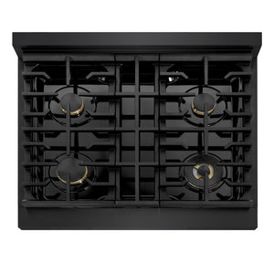 ZLINE 30 in. 4.2 cu. ft. Marino Gas Range with Convection Gas Oven in Black Stainless Steel with 4 Brass Burners (MGRB-BR-30) top-down, above cooking surface.