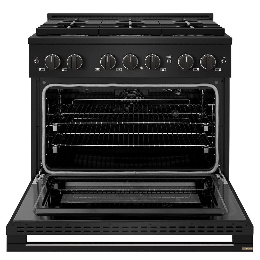 ZLINE 36 in. 5.2 cu. ft. Marino Gas Range with Convection Gas Oven in Black Stainless Steel with 6 Brass Burners (MGRB-BR-36) front, oven open.