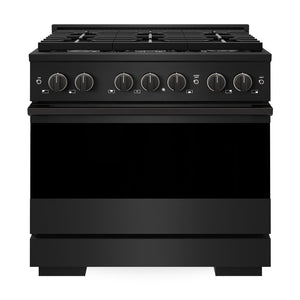 ZLINE 36 in. 5.2 cu. ft. Marino Gas Range with Convection Gas Oven in Black Stainless Steel with 6 Brass Burners (MGRB-BR-36) front, oven closed.