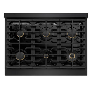 ZLINE 36 in. 5.2 cu. ft. Marino Gas Range with Convection Gas Oven in Black Stainless Steel with 6 Brass Burners (MGRB-BR-36) top-down, above cooking surface.