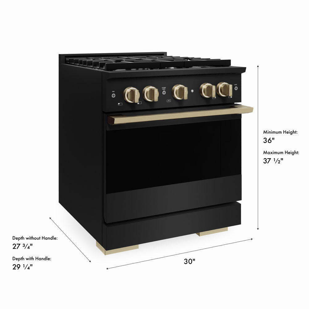 ZLINE Autograph Edition 30 in. 4.2 cu. ft. Marino Gas Range with 4 Burner Cooktop and Convection Gas Oven in Black Stainless Steel and Champagne Bronze Accents (MGRBZ-30-CB)