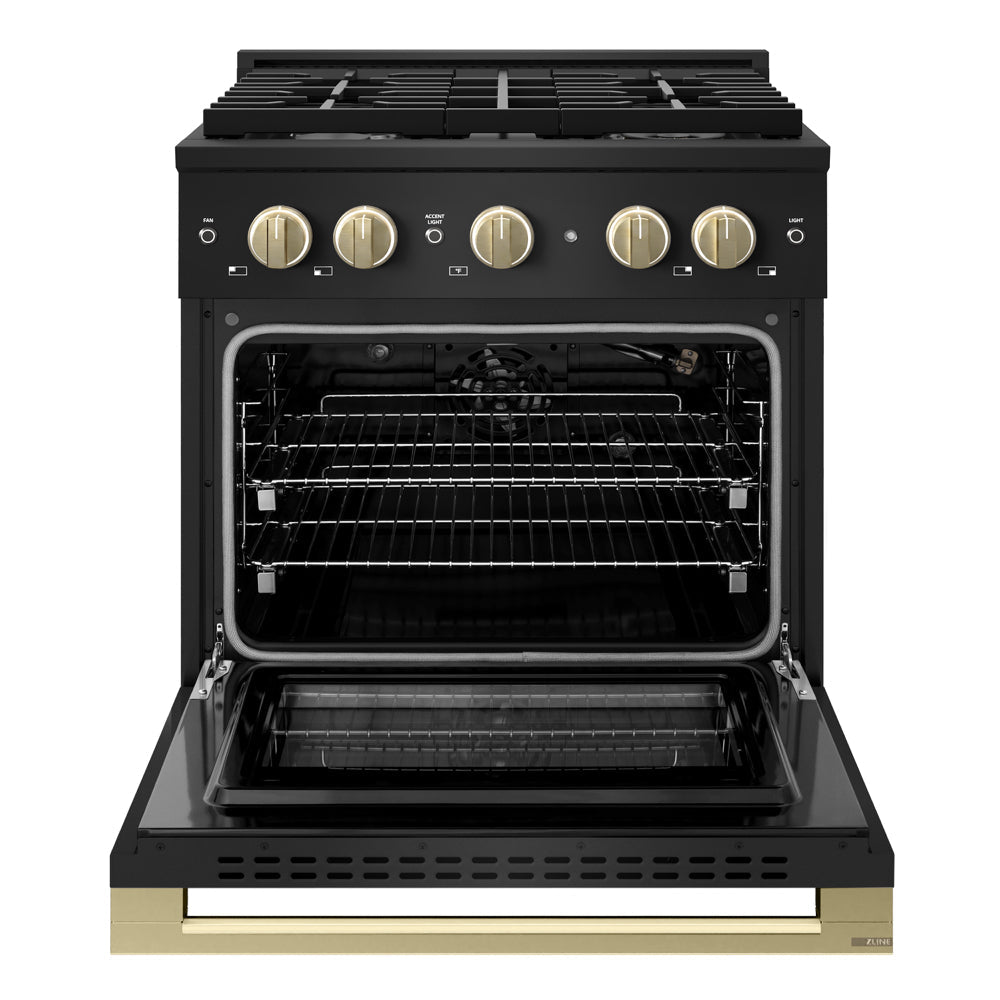 ZLINE Autograph Edition 30 in. 4.2 cu. ft. Marino Gas Range with 4 Burner Cooktop and Convection Gas Oven in Black Stainless Steel and Champagne Bronze Accents (MGRBZ-30-CB)