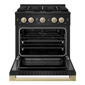 ZLINE Autograph Edition 30 in. 4.2 cu. ft. Marino Gas Range with 4 Burner Cooktop and Convection Gas Oven in Black Stainless Steel and Champagne Bronze Accents (MGRBZ-30-CB)