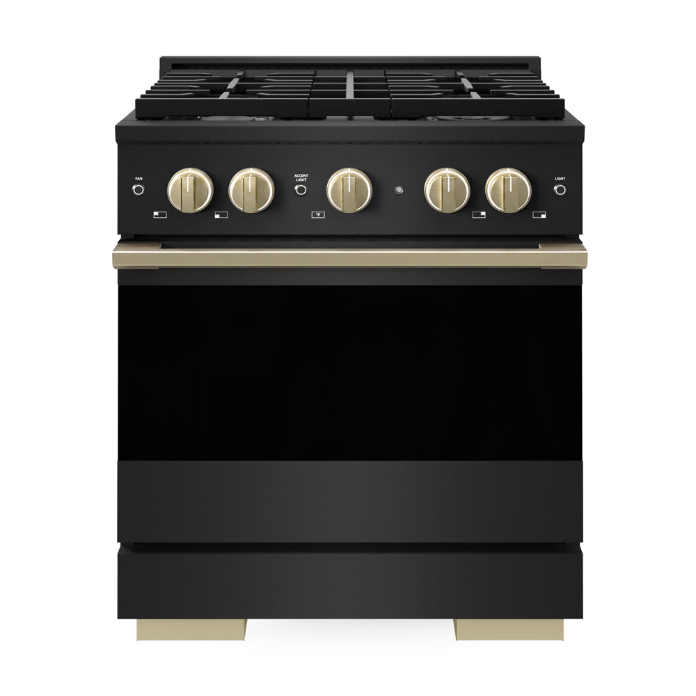ZLINE Autograph Edition 30 in. 4.2 cu. ft. Marino Gas Range with 4 Burner Cooktop and Convection Gas Oven in Black Stainless Steel and Champagne Bronze Accents (MGRBZ-30-CB)