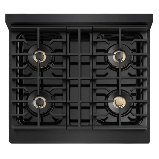 ZLINE 30 in. 4.2 cu. ft. Marino Gas Range with 4 Burner DuoPro™ Cooktop and Convection Gas Oven in Black Stainless Steel (PMGRB-30) top-down, above cooking surface.