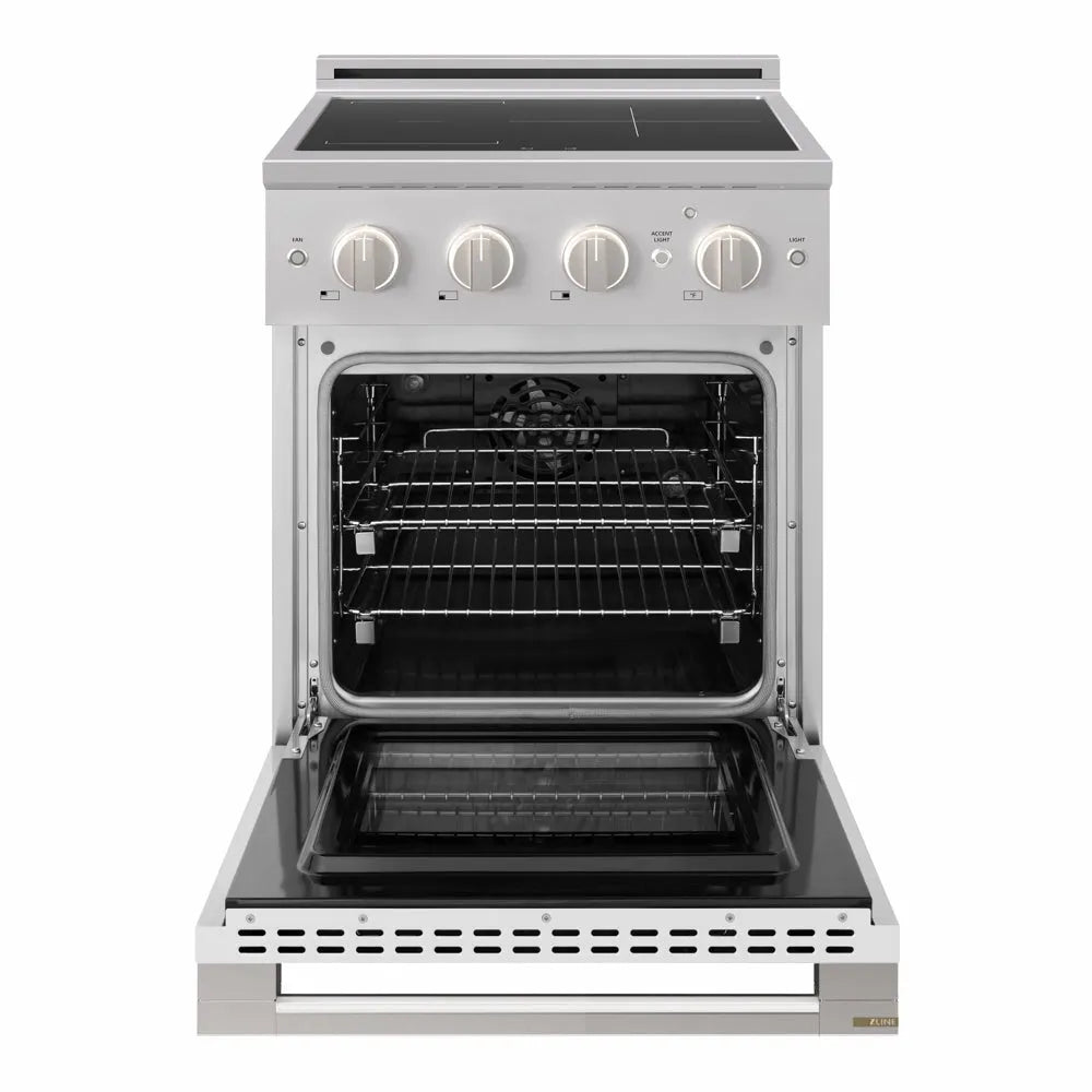 ZLINE 24 in. 3.2 cu. ft. Marino Induction Range with 3 Element Cooktop and Electric Convection Oven in Stainless Steel with White Matte Door (MINR-WM-24) front, oven open.