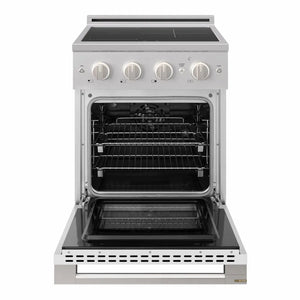 ZLINE 24 in. 3.2 cu. ft. Marino Induction Range with 3 Element Cooktop and Electric Convection Oven in Stainless Steel with White Matte Door (MINR-WM-24) front, oven open.