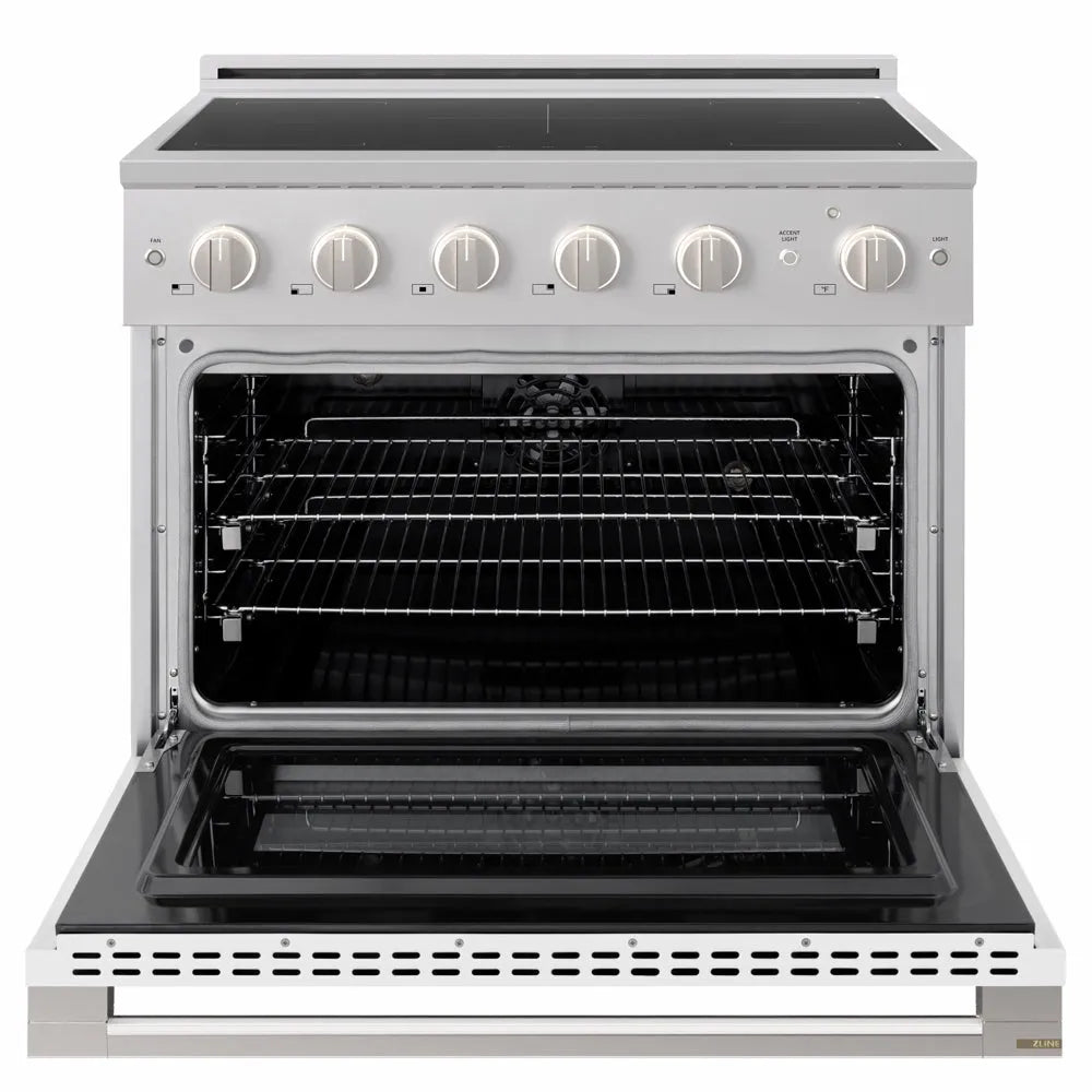 ZLINE 36 in. 5.2 cu. ft. Marino Induction Range with 5 Element Cooktop and Electric Convection Oven in Stainless Steel with White Matte Door (MINR-WM-36) front, oven open.