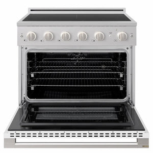 ZLINE 36 in. 5.2 cu. ft. Marino Induction Range with 5 Element Cooktop and Electric Convection Oven in Stainless Steel with White Matte Door (MINR-WM-36) front, oven open.