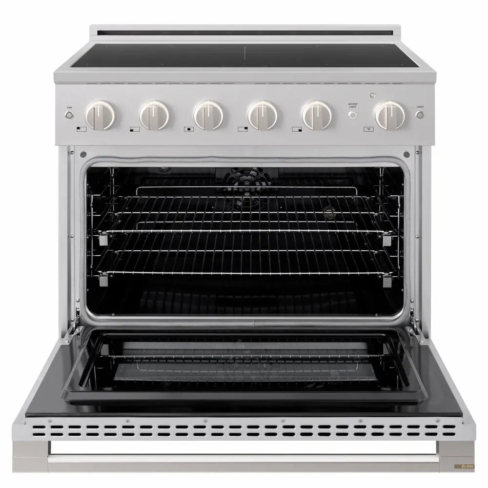ZLINE 36 in. 5.2 cu. ft. Marino Induction Range with 5 Element Cooktop and Electric Convection Oven in Stainless Steel (MINR36) front, oven open.