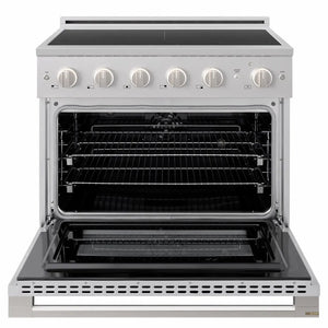 ZLINE 36 in. 5.2 cu. ft. Marino Induction Range with 5 Element Cooktop and Electric Convection Oven in Stainless Steel (MINR36) front, oven open.