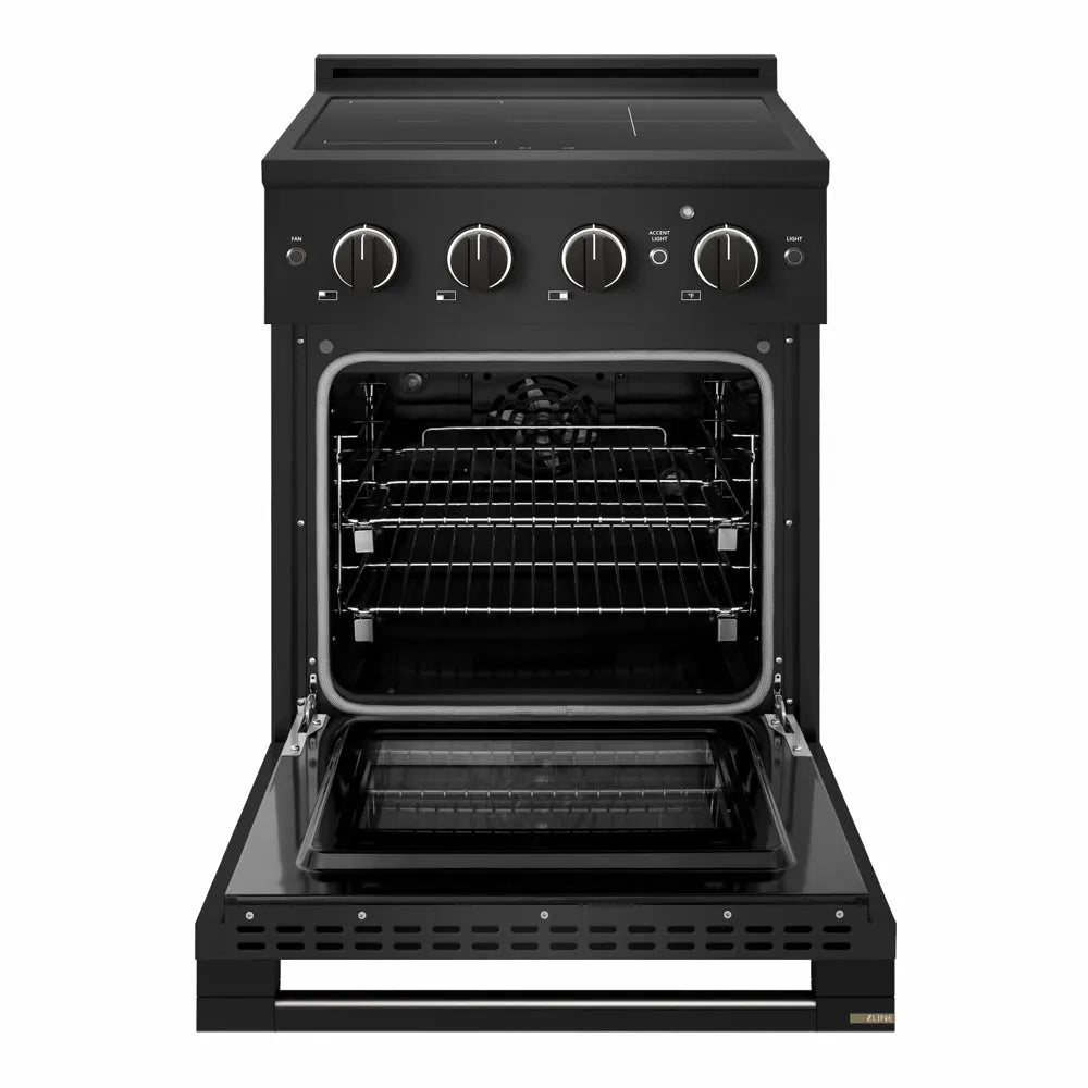 ZLINE 24 in. 3.2 cu. ft. Marino Induction Range with 3 Element Cooktop and Electric Convection Oven in Black Stainless Steel (MINRB-24) front, oven open.