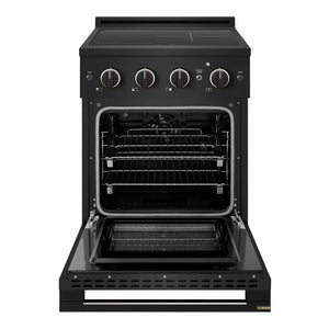 ZLINE 24 in. 3.2 cu. ft. Marino Induction Range with 3 Element Cooktop and Electric Convection Oven in Black Stainless Steel (MINRB-24) front, oven open.