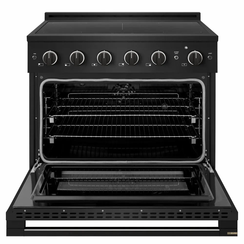 ZLINE 36 in. 5.2 cu. ft. Marino Induction Range with 5 Element Cooktop and Electric Convection Oven in Black Stainless Steel (MINRB-36) front, oven open.