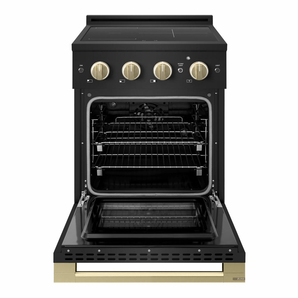 ZLINE Autograph Edition 24 in. 3.2 cu. ft. Marino Induction Range with 3 Element Cooktop and Electric Convection Oven in Black Stainless Steel with Champagne Bronze Accents (MINRBZ-24-CB)