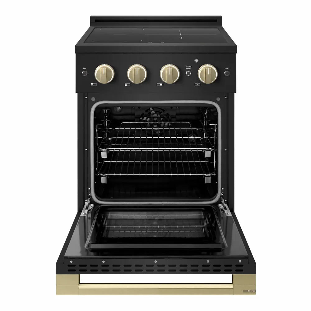 ZLINE Autograph Edition 24 in. 3.2 cu. ft. Marino Induction Range with 3 Element Cooktop and Electric Convection Oven in Black Stainless Steel with Champagne Bronze Accents (MINRBZ-24-CB) front, oven open.
