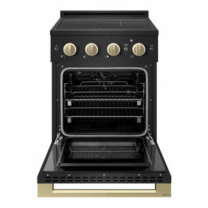 ZLINE Autograph Edition 24 in. 3.2 cu. ft. Marino Induction Range with 3 Element Cooktop and Electric Convection Oven in Black Stainless Steel with Champagne Bronze Accents (MINRBZ-24-CB) front, oven open.