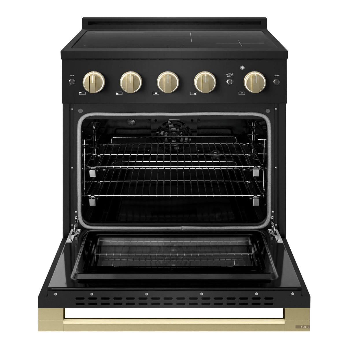 ZLINE Autograph Edition 30 in. 4.2 cu. ft. Marino Induction Range with 4 Element Cooktop and Electric Convection Oven in Black Stainless Steel with Champagne Bronze Accents (MINRBZ-30-CB)