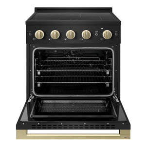 ZLINE Autograph Edition 30 in. 4.2 cu. ft. Marino Induction Range with 4 Element Cooktop and Electric Convection Oven in Black Stainless Steel with Champagne Bronze Accents (MINRBZ-30-CB)