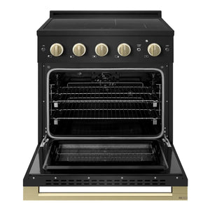 ZLINE Autograph Edition 30 in. 4.2 cu. ft. Marino Induction Range with 4 Element Cooktop and Electric Convection Oven in Black Stainless Steel with Champagne Bronze Accents (MINRBZ-30-CB)