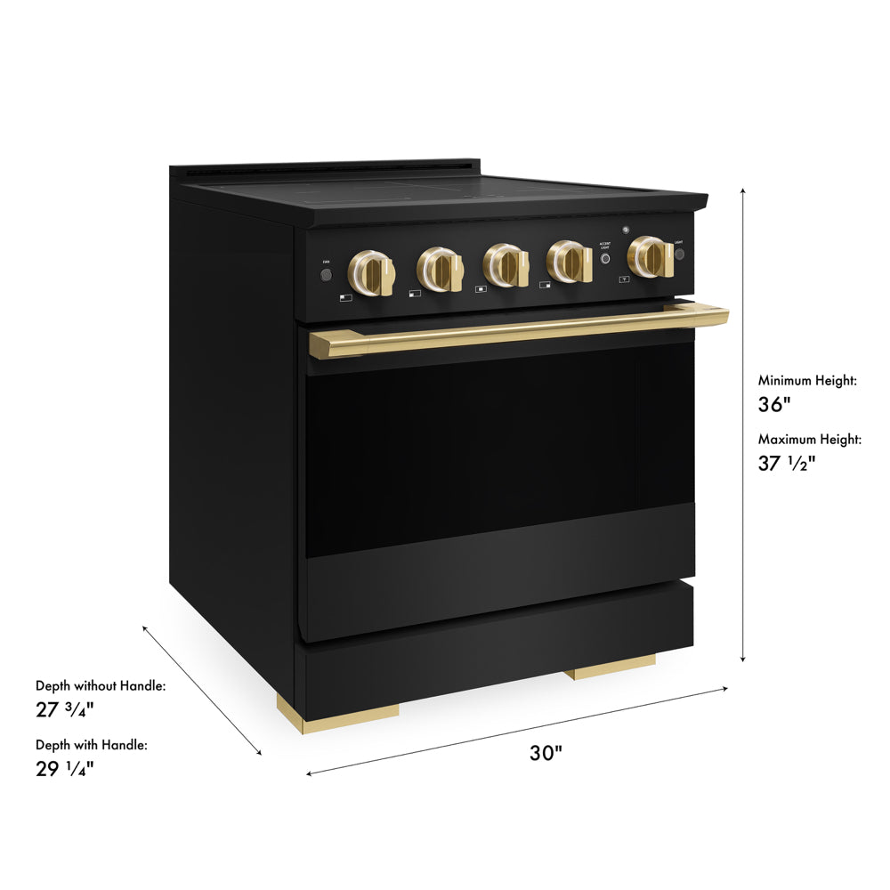 ZLINE Autograph Edition 30 in. 4.2 cu. ft. Marino Induction Range with 4 Element Cooktop and Electric Convection Oven in Black Stainless Steel with Polished Gold Accents (MINRBZ-30-G)