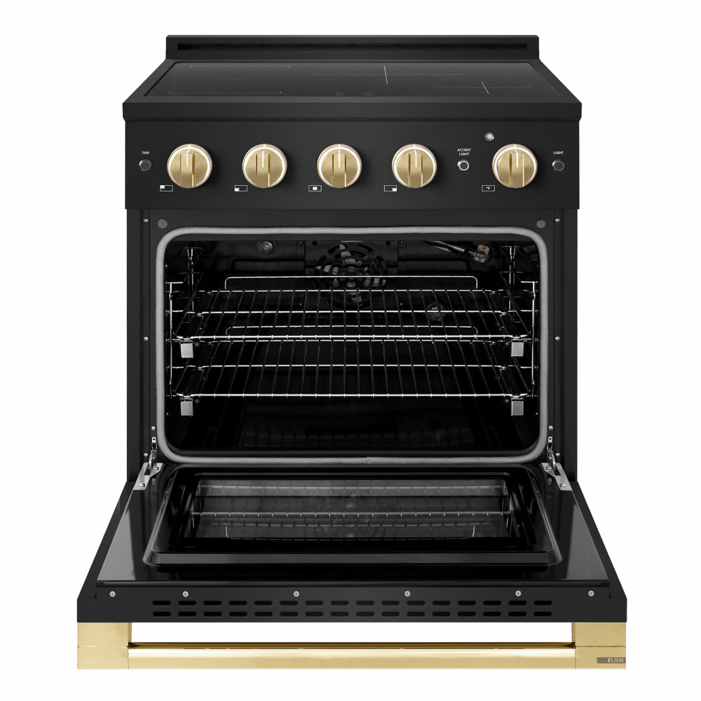 ZLINE Autograph Edition 30 in. 4.2 cu. ft. Marino Induction Range with 4 Element Cooktop and Electric Convection Oven in Black Stainless Steel with Polished Gold Accents (MINRBZ-30-G)