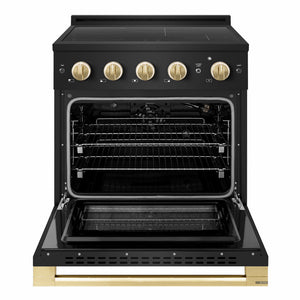 ZLINE Autograph Edition 30 in. 4.2 cu. ft. Marino Induction Range with 4 Element Cooktop and Electric Convection Oven in Black Stainless Steel with Polished Gold Accents (MINRBZ-30-G)