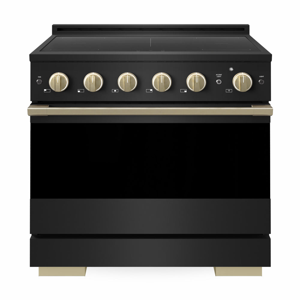 ZLINE Autograph Edition 36 in. 5.2 cu. ft. Marino Induction Range with 5 Element Cooktop and Electric Convection Oven in Black Stainless Steel with Champagne Bronze Accents (MINRBZ-36-CB)