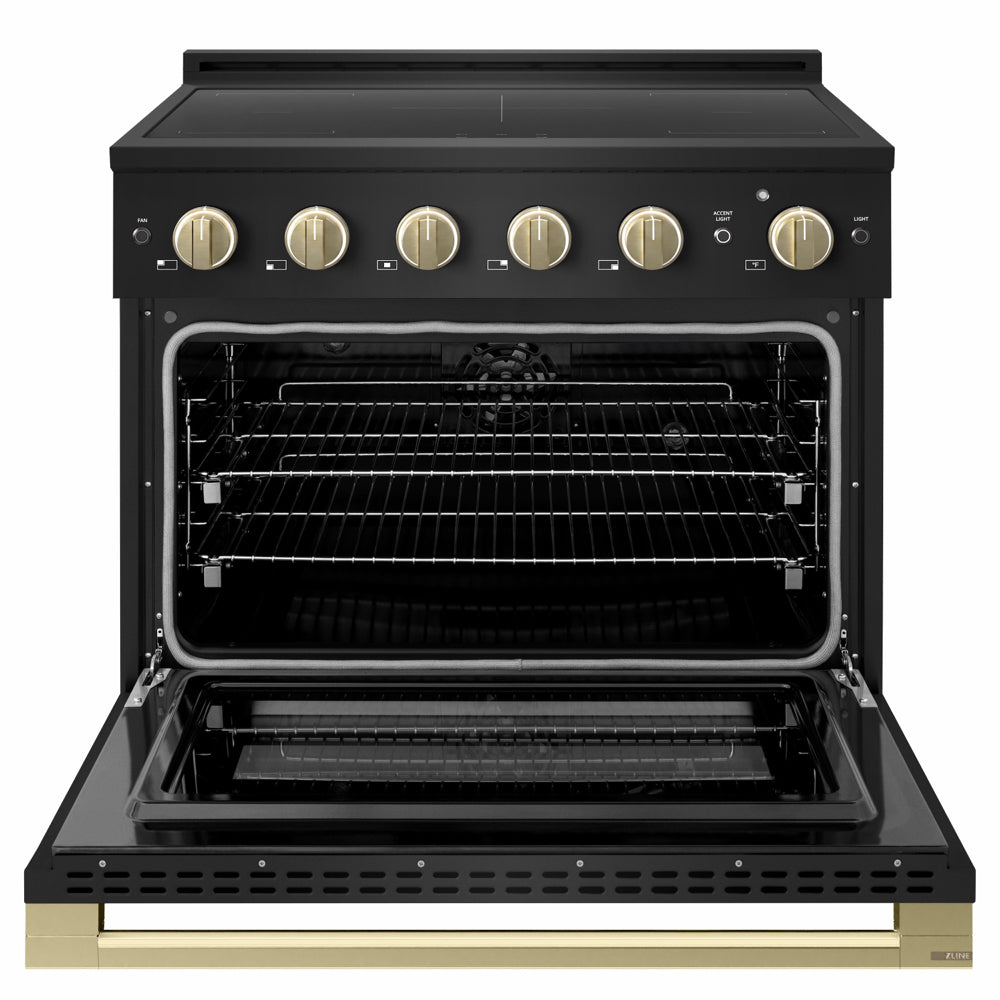 ZLINE Autograph Edition 36 in. 5.2 cu. ft. Marino Induction Range with 5 Element Cooktop and Electric Convection Oven in Black Stainless Steel with Champagne Bronze Accents (MINRBZ-36-CB)