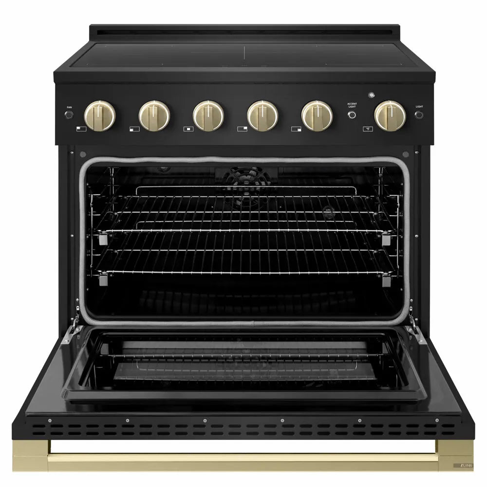 ZLINE Autograph Edition 36 in. 5.2 cu. ft. Marino Induction Range with 5 Element Cooktop and Electric Convection Oven in Black Stainless Steel with Champagne Bronze Accents (MINRBZ-36-CB)