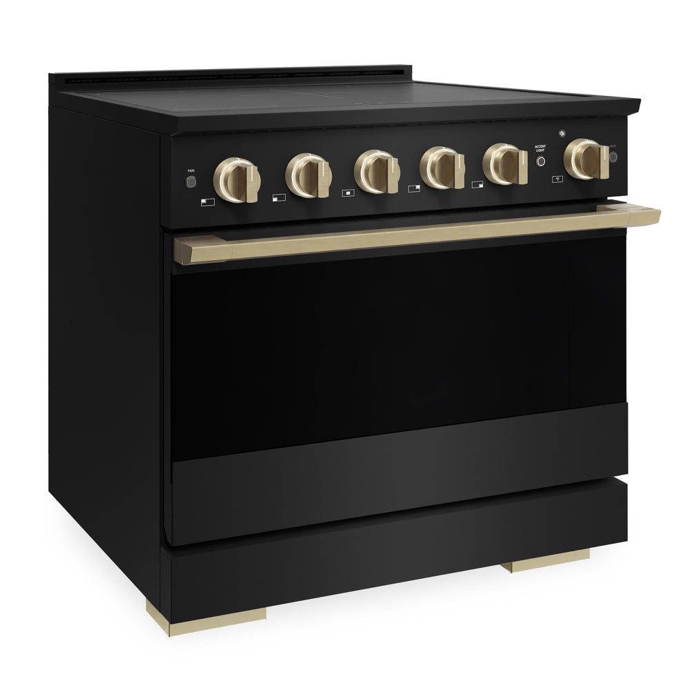 ZLINE Autograph Edition 36 in. 5.2 cu. ft. Marino Induction Range with 5 Element Cooktop and Electric Convection Oven in Black Stainless Steel with Champagne Bronze Accents (MINRBZ-36-CB)