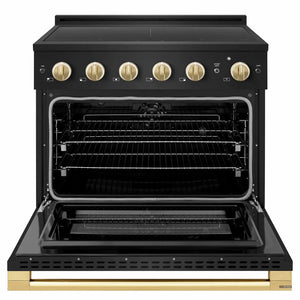 ZLINE Autograph Edition 36 in. 5.2 cu. ft. Marino Induction Range with 5 Element Cooktop and Electric Convection Oven in Black Stainless Steel with Polished Gold Accents (MINRBZ-36-G) front, oven open.
